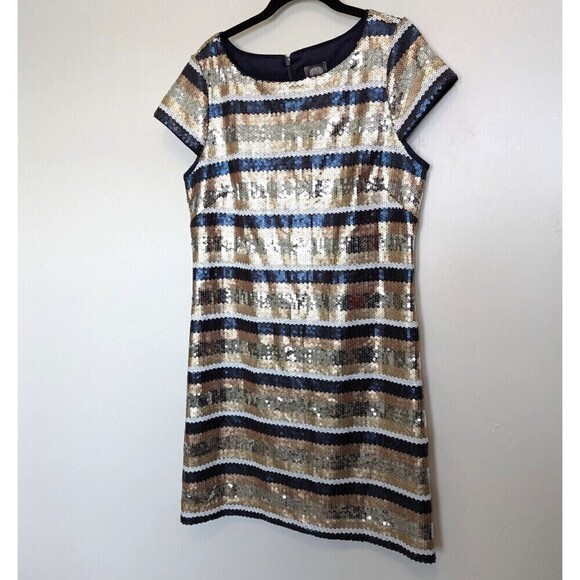 Vince Camuto Sequin Dress Womens Size 12 Navy Blue Gold Stripe - Picture 3 of 12